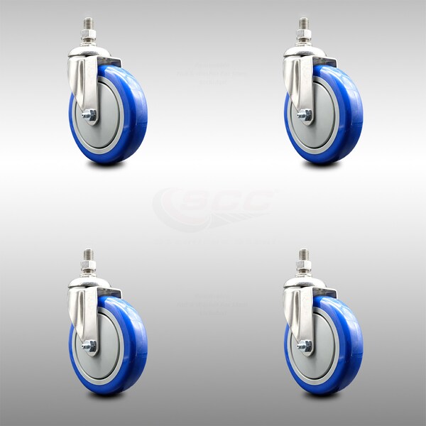 Service Caster 5 Inch 316SS Blue Polyurethane Wheel Swivel 1/2 Inch Threaded Stem Caster Set SCC SCC-SS316TS20S514-PPUB-BLUE-121315-4 - main